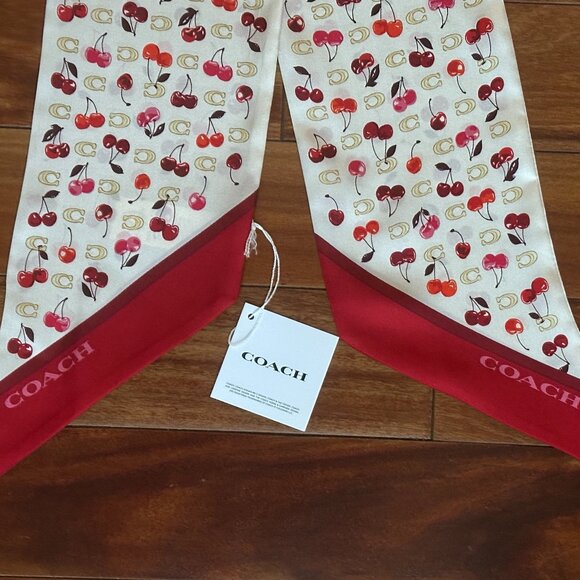COACH SCULPTED C CHERRIES PRINT SILK WIDE SKINNY SCARF:NWT CDG77 - Picture 3 of 9